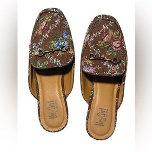 Hey Girl by Corkys Charmer Mule – Brown Floral Brocade Horsebit Loafer Slip On